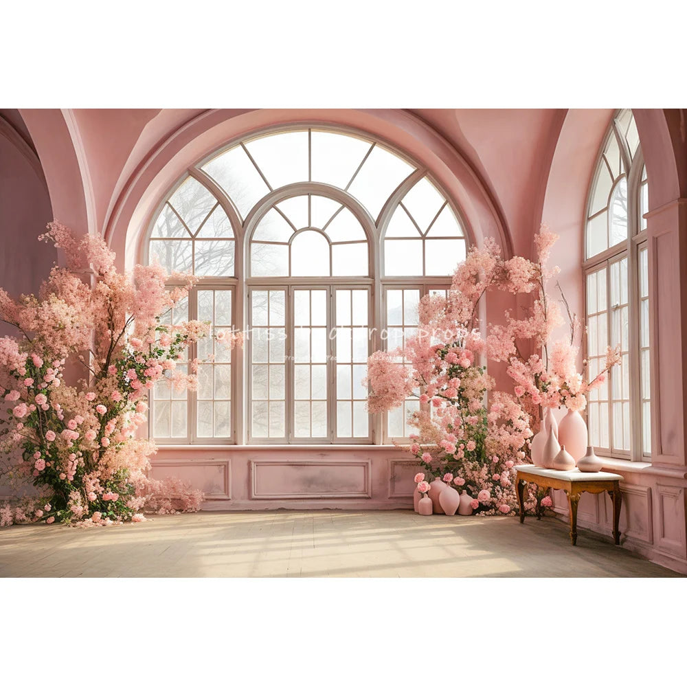 Spring Windows Backdrops Kids Girl Photography Child Adult Photocall Roses Vases Room With Pink Curtains Garden Backgrounds