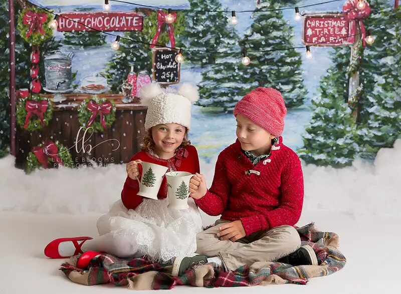 Support de chocolat chaud, arrière-plan de noël pour enfants et adultes, photographie d'hiver, décor de gâteau d'anniversaire pour bébé, arrière-plan de forêt de noël