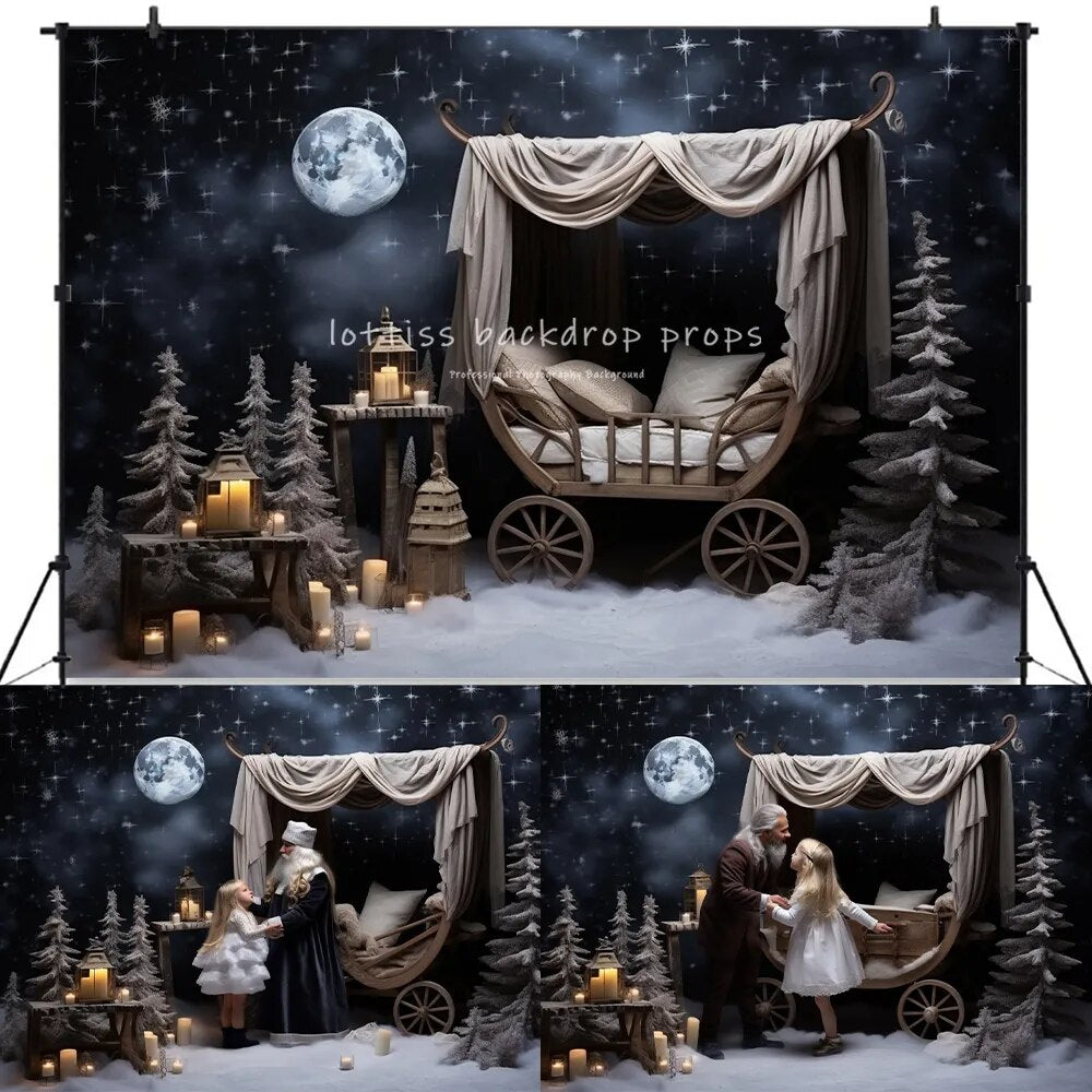 Arrière-plan de poussette d'hiver pour bébé, accessoires de photographie pour enfants, fille, séance photo, noël, forêt enneigée, grande lune 