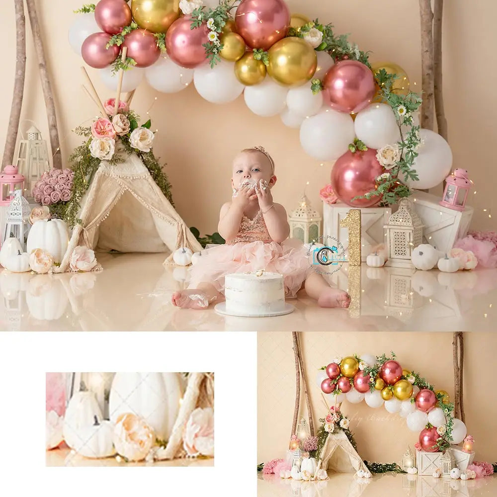 Teepee Pink and Gold Backdrop Kids Baby Cake Smash Photography Props Boho Tent Balloons Birthday Studio Backgrounds