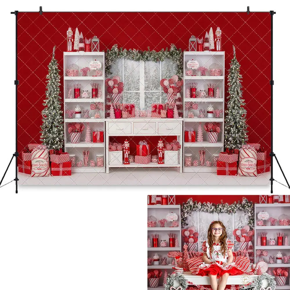 Red Christmas Wall Backdrop Candy Gifts Girls Adult Birthday Studio Backgrounds Kids Baby Cake Smash Photography Props