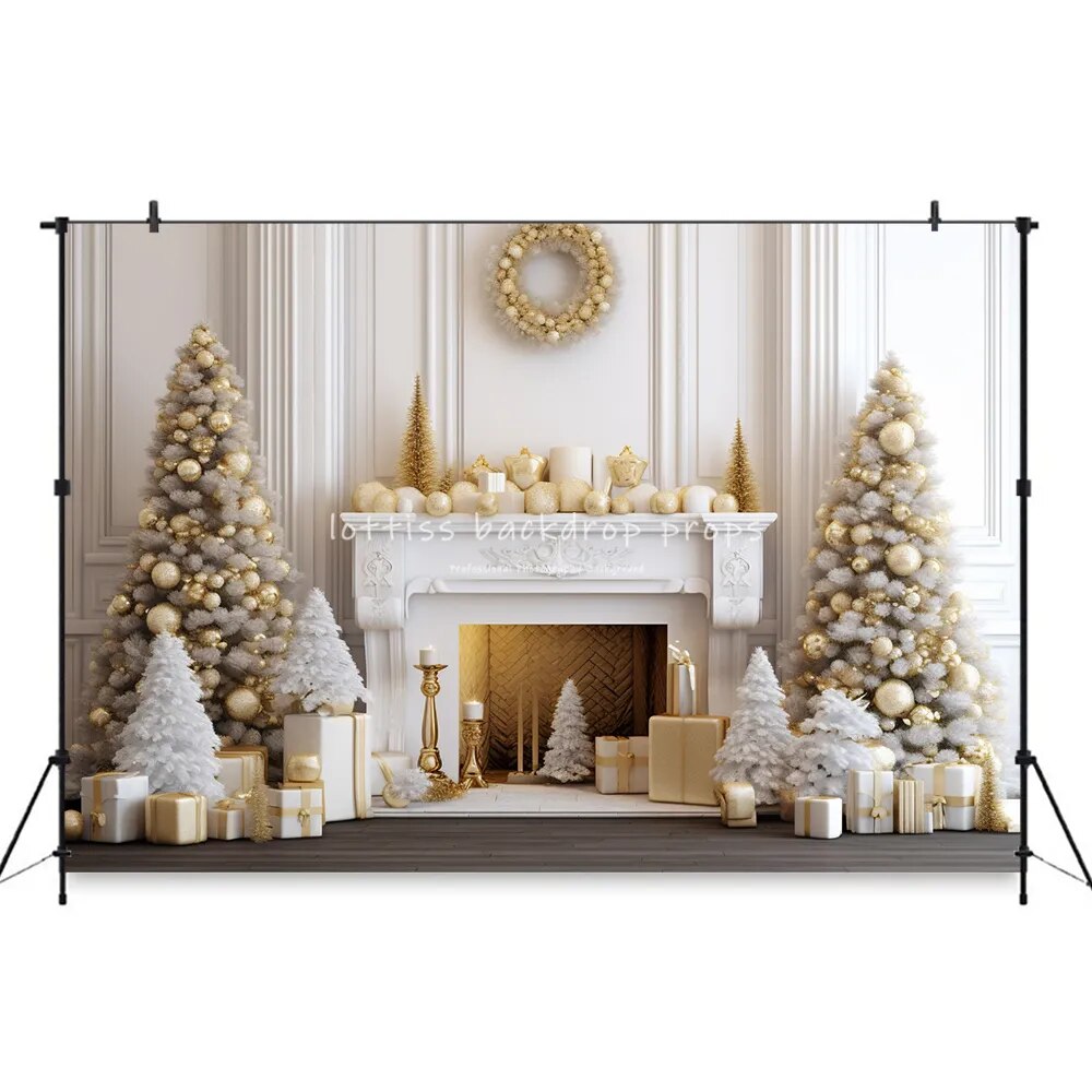 Christmas Gold Fireplace Backdrops Kids Baby Photography Props Child Adult Photocall Decors Xams Living Room Photo Background