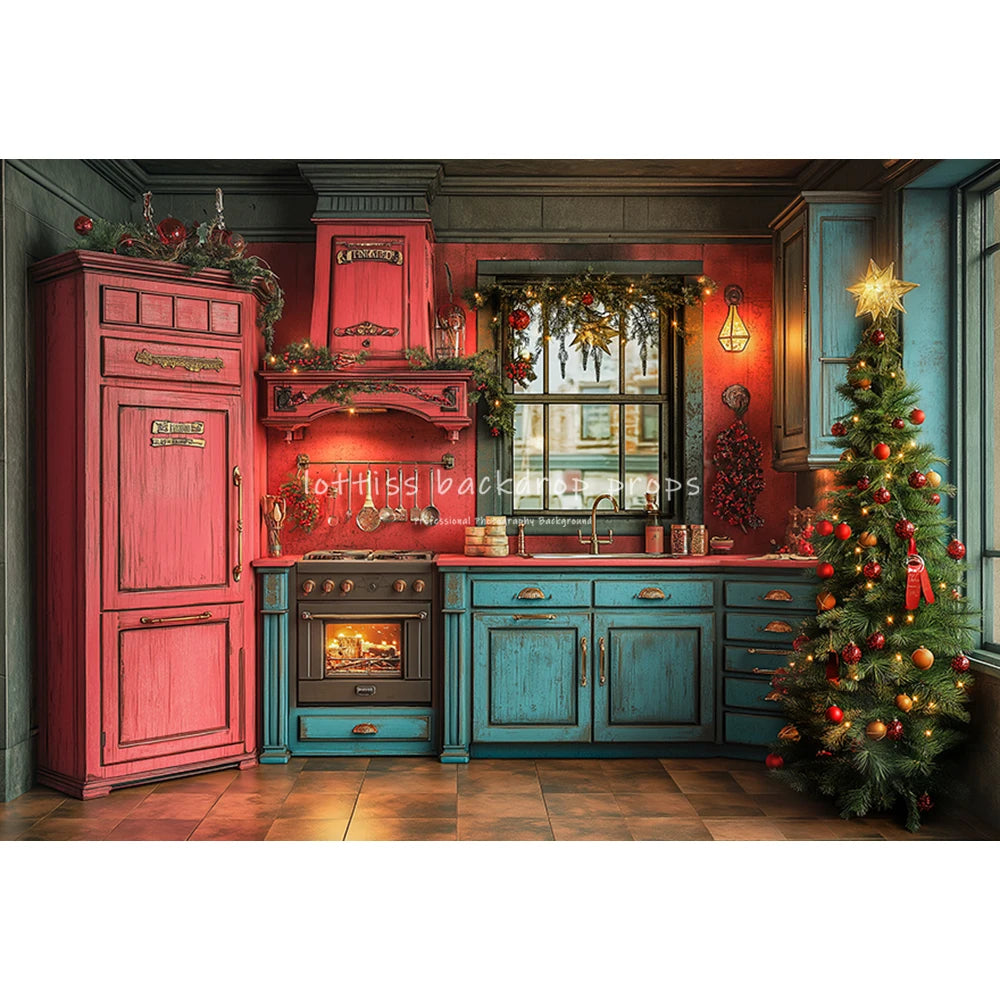 Christmas Kitchen Backdrops Kids Family Photography Child Baby Photocall Decors Winter Xmas Wreath Trees Backgrounds