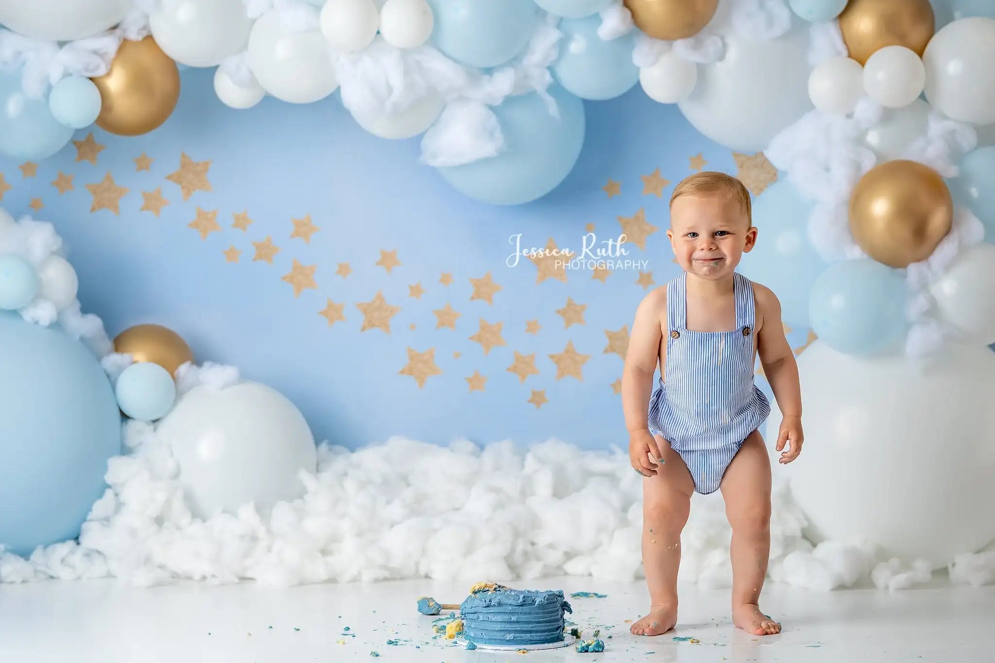 Skyblue Golden Balloons Photography Backdrops Child Boy Birthday Cake Smash Photocall Clouds Decors Backgrounds