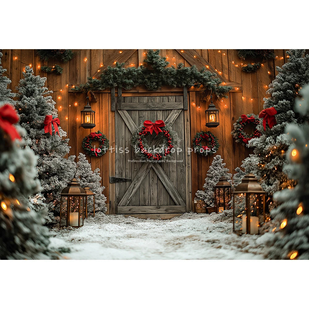 Winter Christmas Cottage Backdrops Kids Adult Photography Country House Entrance Red Door Gift Box Xmas Trees Backgrounds