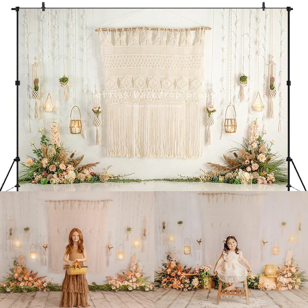 Boho Macrame Curtains Backdrops Kids Baby Photography Cake Smash Props Child Adult Photocall Decors Spring Theme Backgrounds