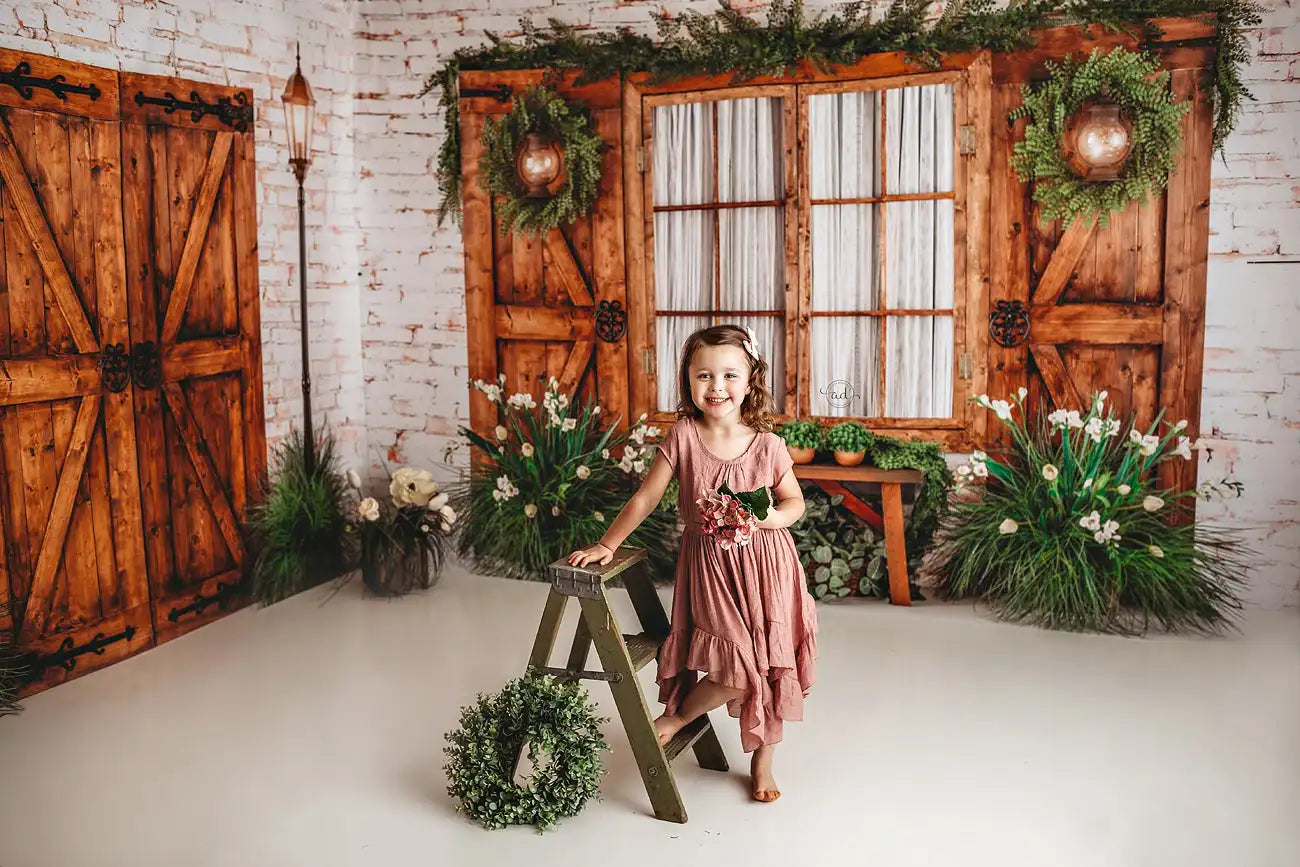 Spring Garden Backdrops Kids Girl Photography Child Baby Photocall Rose Floral Windows Wooden Door Backgrounds