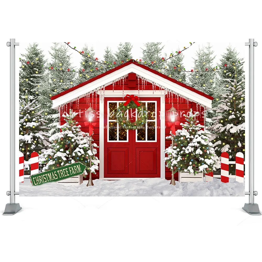 Christmas Winter Street House Photography Backdrop Toy Tree Cart Wreath Kids Birthday Portrait Background Photo Studio