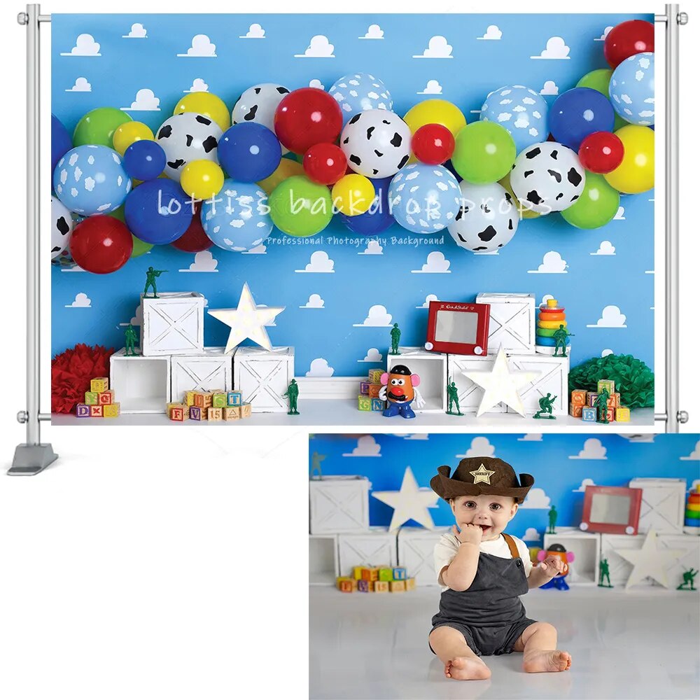 Toy Theme Birthday Backdrop Kids Baby Photocall Props Party Balloons Cartoon Backgrund Child Photostudio