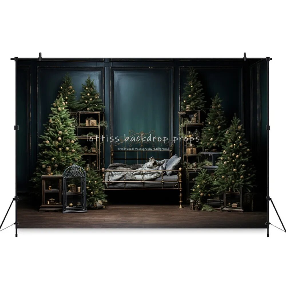 Arrière-plan de tête de lit de noël pour chambre à coucher, accessoires de photographie pour enfants et adultes, décors pour séance photo, arrière-plan d'arbres de noël dorés 