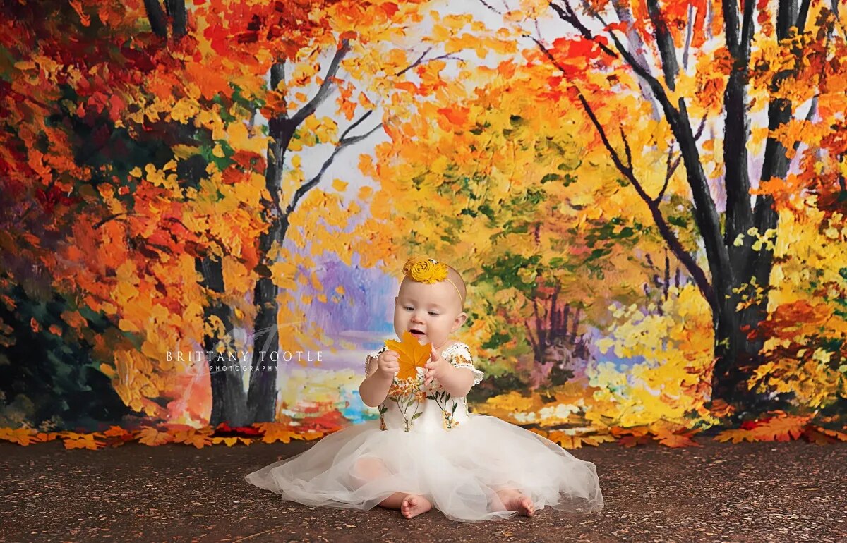 Arrière-plan de forêt d'automne, accessoires de photographie pour enfants et adultes, arrière-plan d'arbres d'automne pour anniversaire d'enfant et bébé 