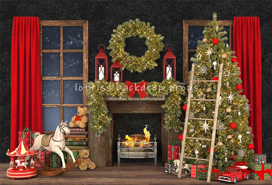 Christmas Backgrounds For Photography Toy Horse Fireplace Tree Gift Baby Toys Party Decor Baby Portrait Room Photo Backdrops