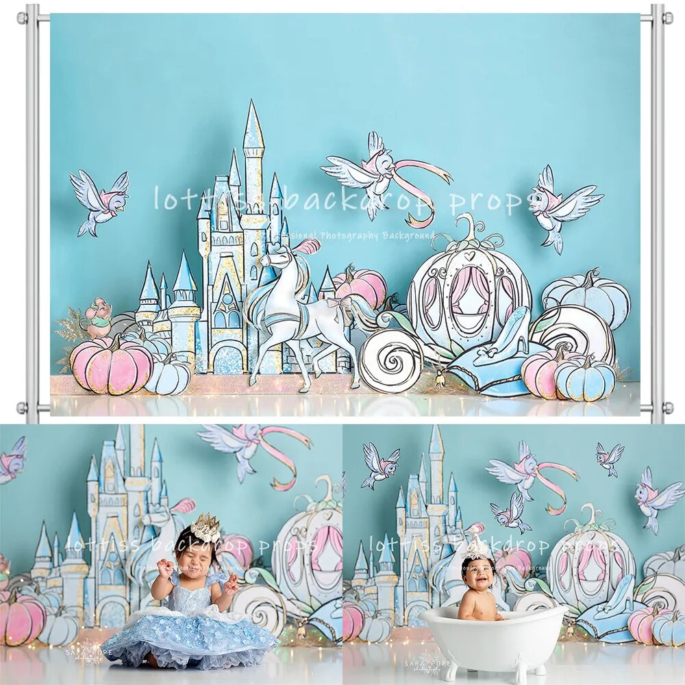 Cendrillon château anniversaire photographie toile de fond dessin animé enfants fille gâteau Smash accessoires citrouille voiture décor bébé douche fond 