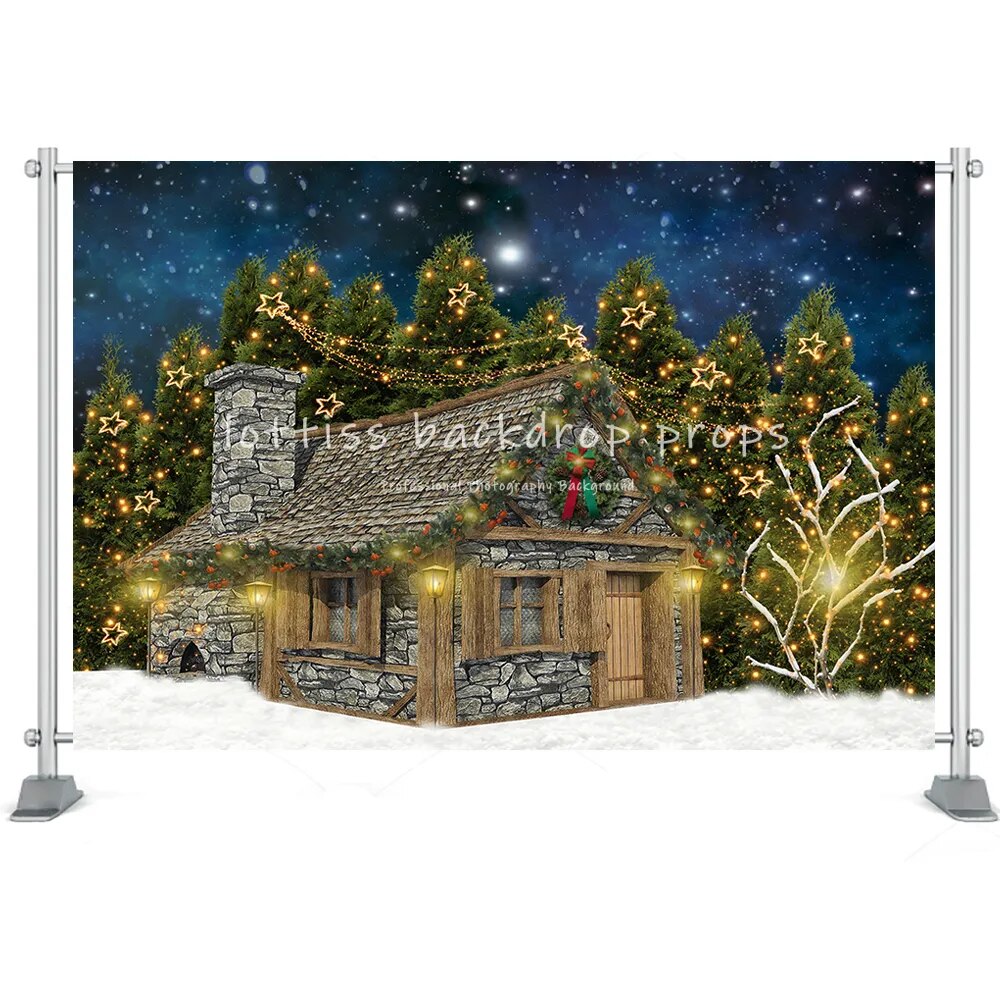 Christmas Winter Street House Photography Backdrop Toy Tree Cart Wreath Kids Birthday Portrait Background Photo Studio