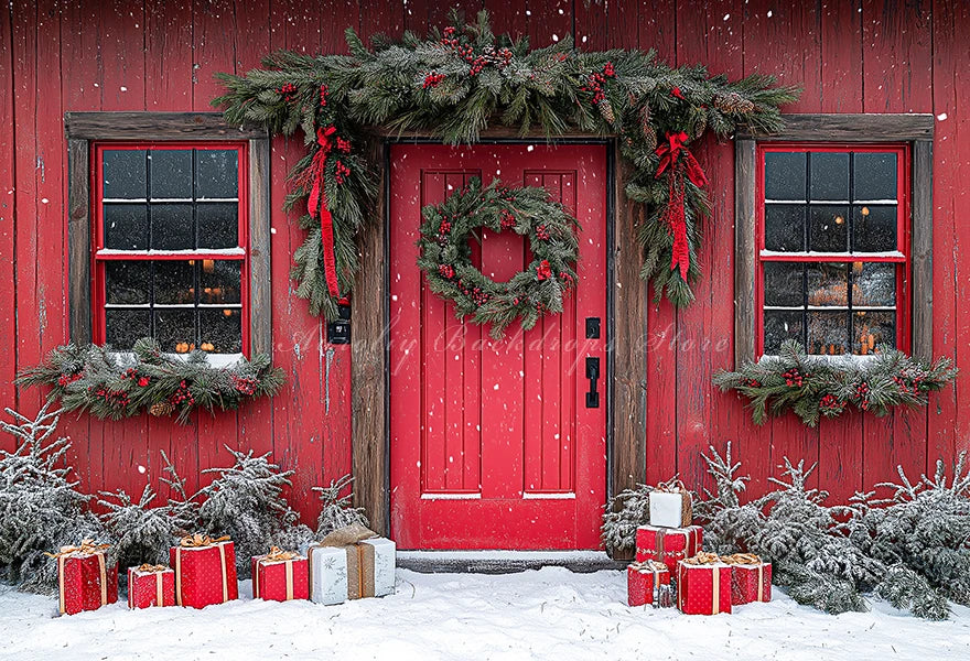 Christmas Red Door With Wreaths And Garlands Photography Backdrop Baby Kids Portrait Family Party Photocall Studio Backgrounds