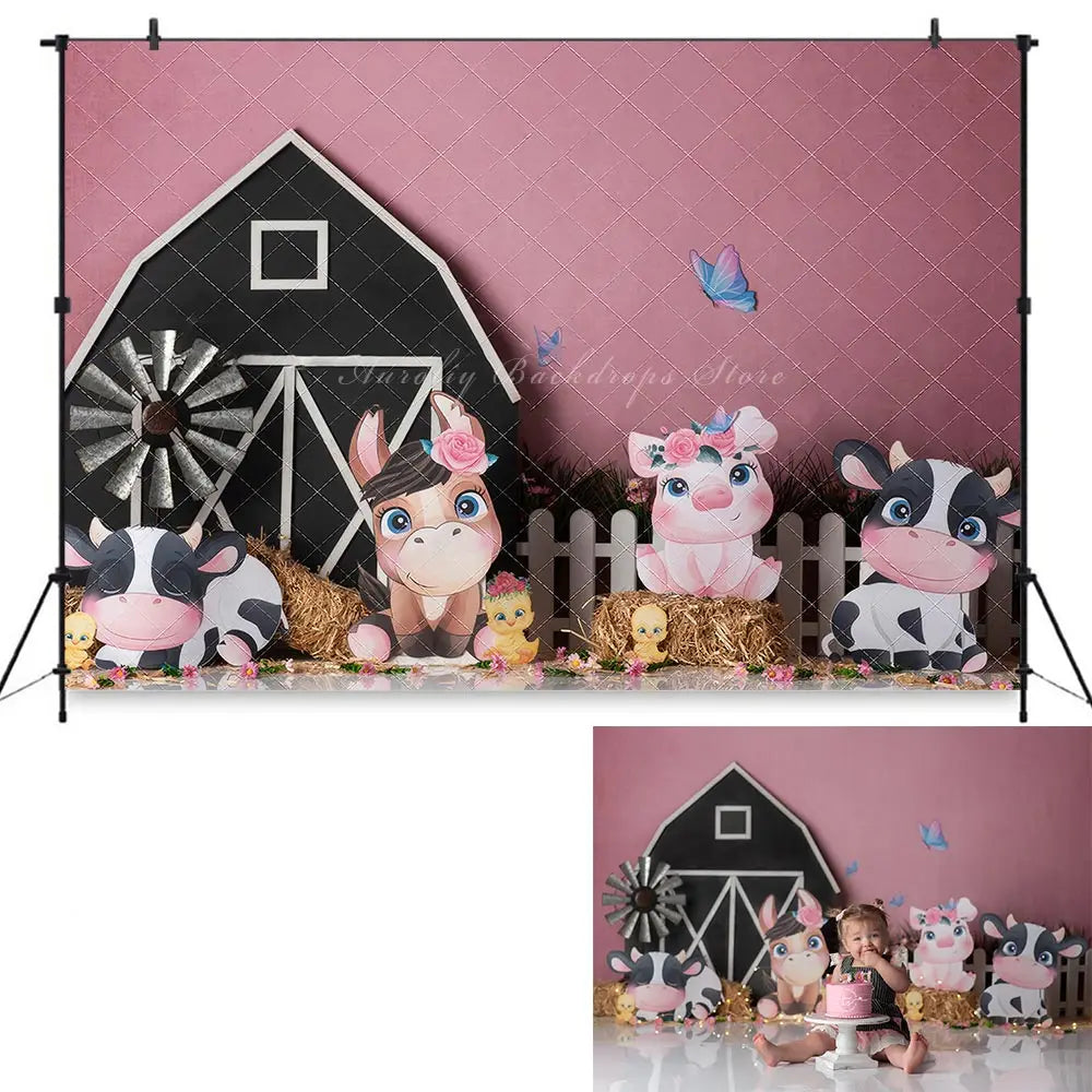 Farm Theme Backdrop Barn and Cow Kids Baby Cake Smash Photography Props Child Adult Birthday Photo Shoot Backgrounds