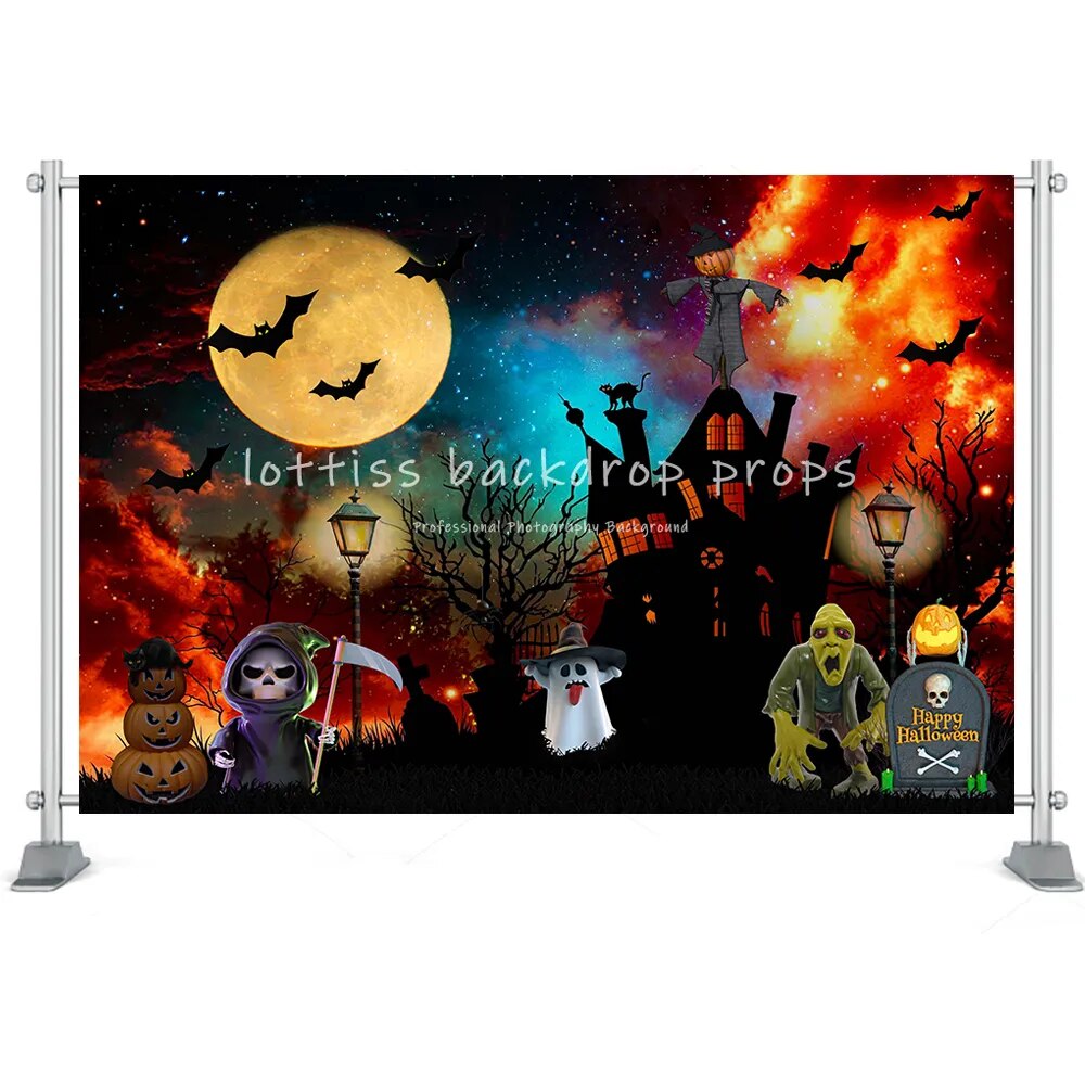 Halloween grande citrouille lanterne fond horreur lune nuit cimetière photographie enfants anniversaire Portrait atoile de fond Photo Studio