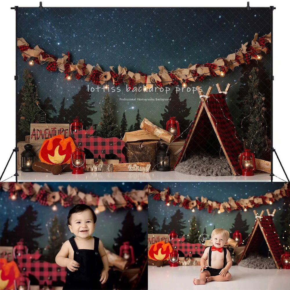 Camping Backdrops Kids Baby Photography Birthday Cake Smash Props Child Adult Photocall Decors Travel Forest Background