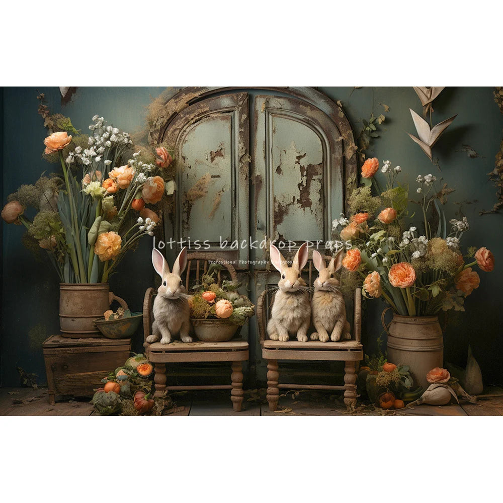 Easter Bunny With Flowers Vase Backdrops Kids Baby Photocall Child Adult Photocall Flower Windows Wooden Wall Backgrounds