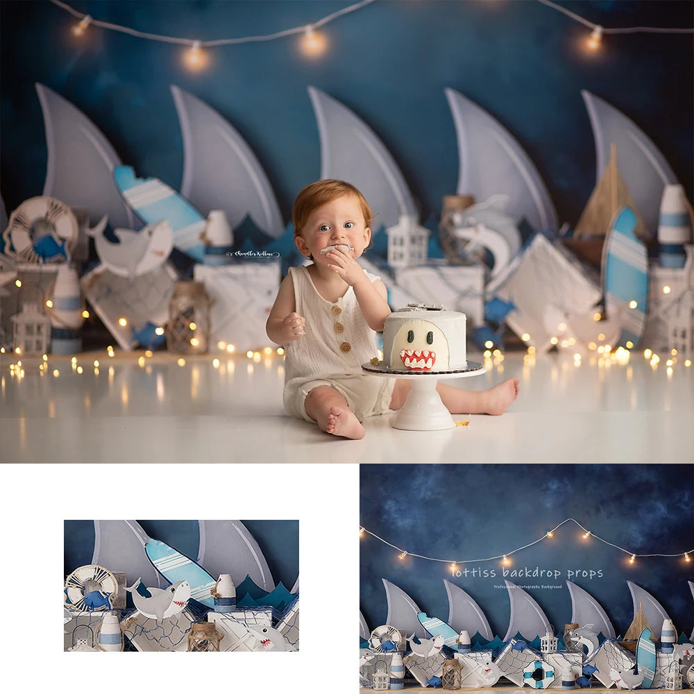 Shark Boat Backdrops Kids Boy Photography Props Child Baby Birthday Cake Smash Photocall Decors Sea Ship Captain Backgrounds