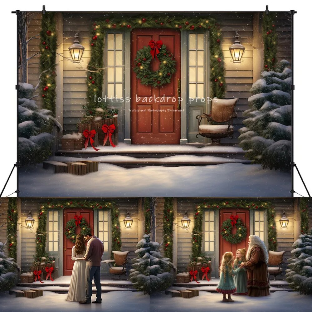 Christmas Snowy House Front Backdrops Kids Adult Photography Props Child Baby Photocall Decors Snowflake Barn Door Background