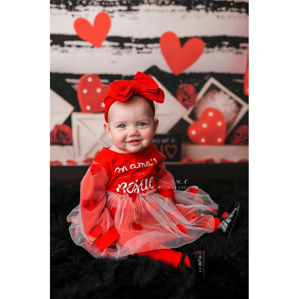 Red Curtain Photo Background Heart Rose Flower Stripes Decoration Photography Backdrop Cloth Kids Portrait Photo Studio Props