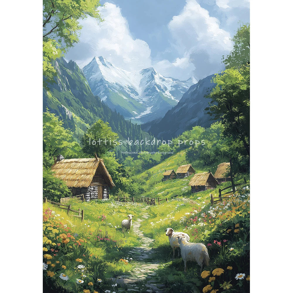 Village Cows Farm River Scenery Oil Painting Photography Backdrops Wedding Kids Adult Photocall Sunset Countryside Backgrounds