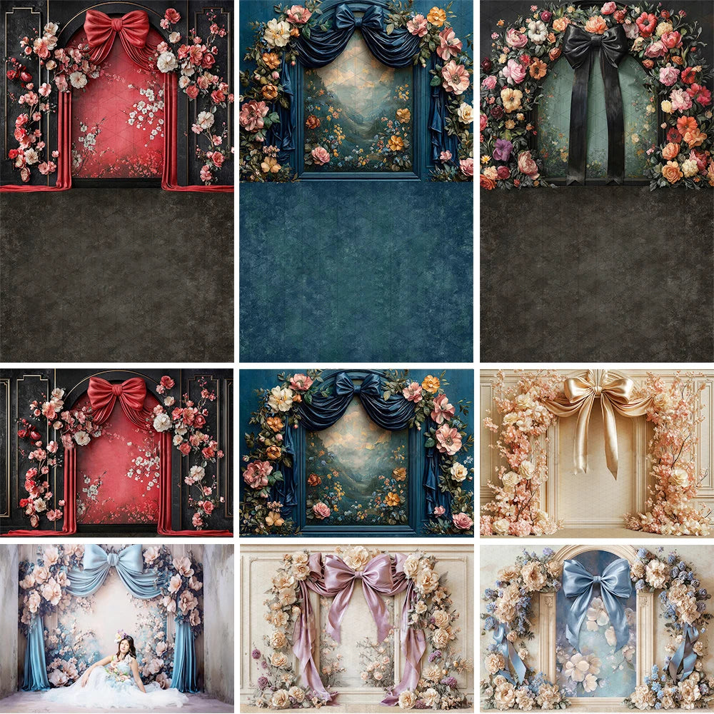 Floral Bowknot Wall Backdrops Kids Adult Photography Child Baby Photocall Rose Flower Artistic Oil Painting Wall Backgrounds