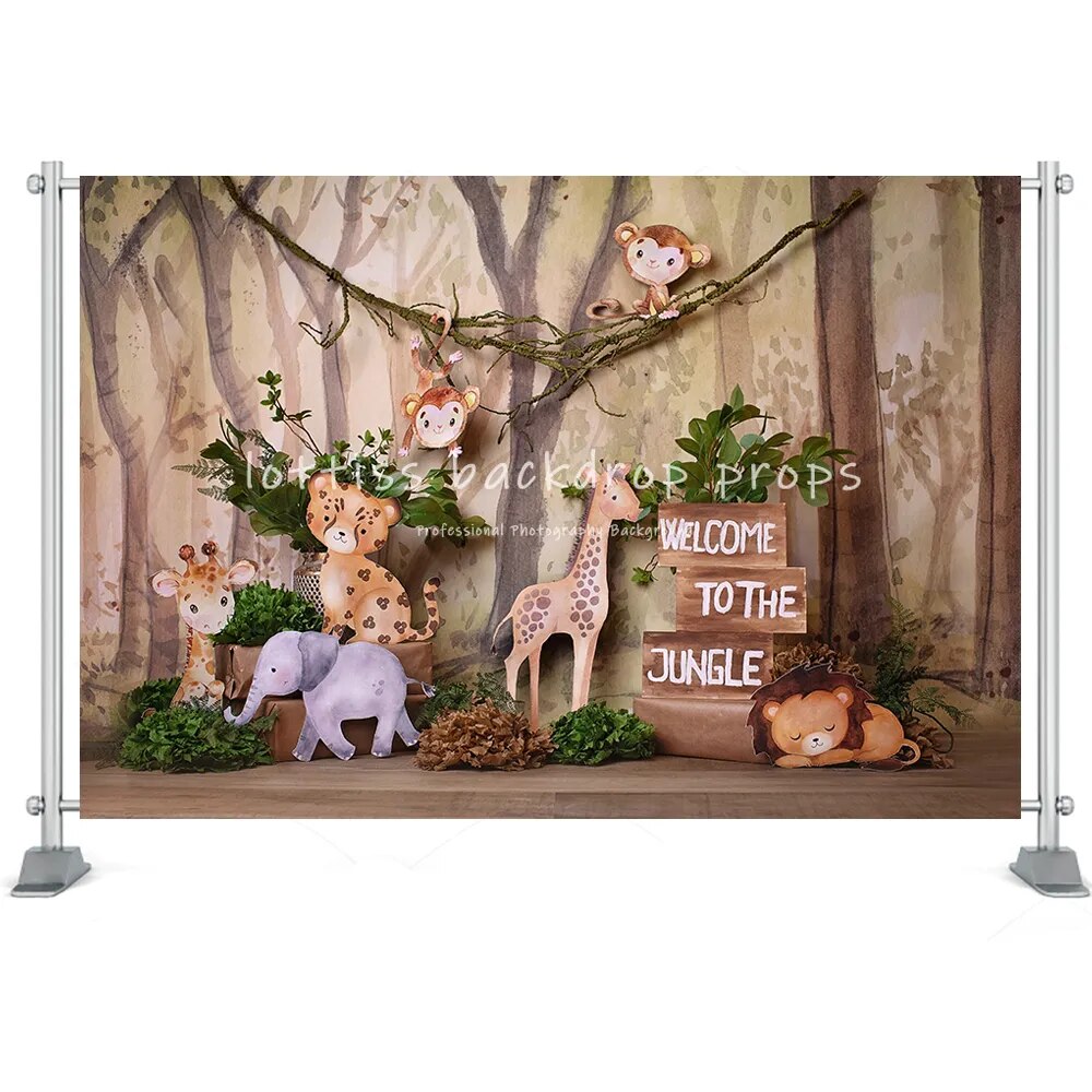 Jungle Animals Wood Floor Cake Smash Backdrop Floral Kids Birthday Photography Props Brick Wall Lion Monkey Forest Background