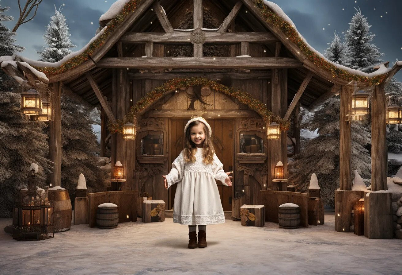 Xmas Wooden House Front Backdrops Kids Baby Photocall Decors Child Adult Photography Props Snowy Country Background