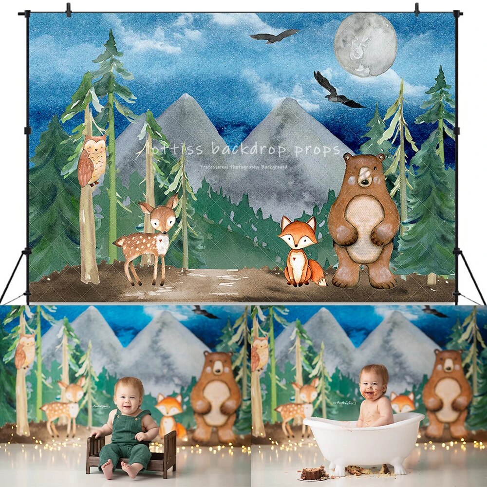 Watercolor Woodland Backdrops Adult Kids Cake Smash Photography Child Baby Photocall Jungle Forest Animals Background