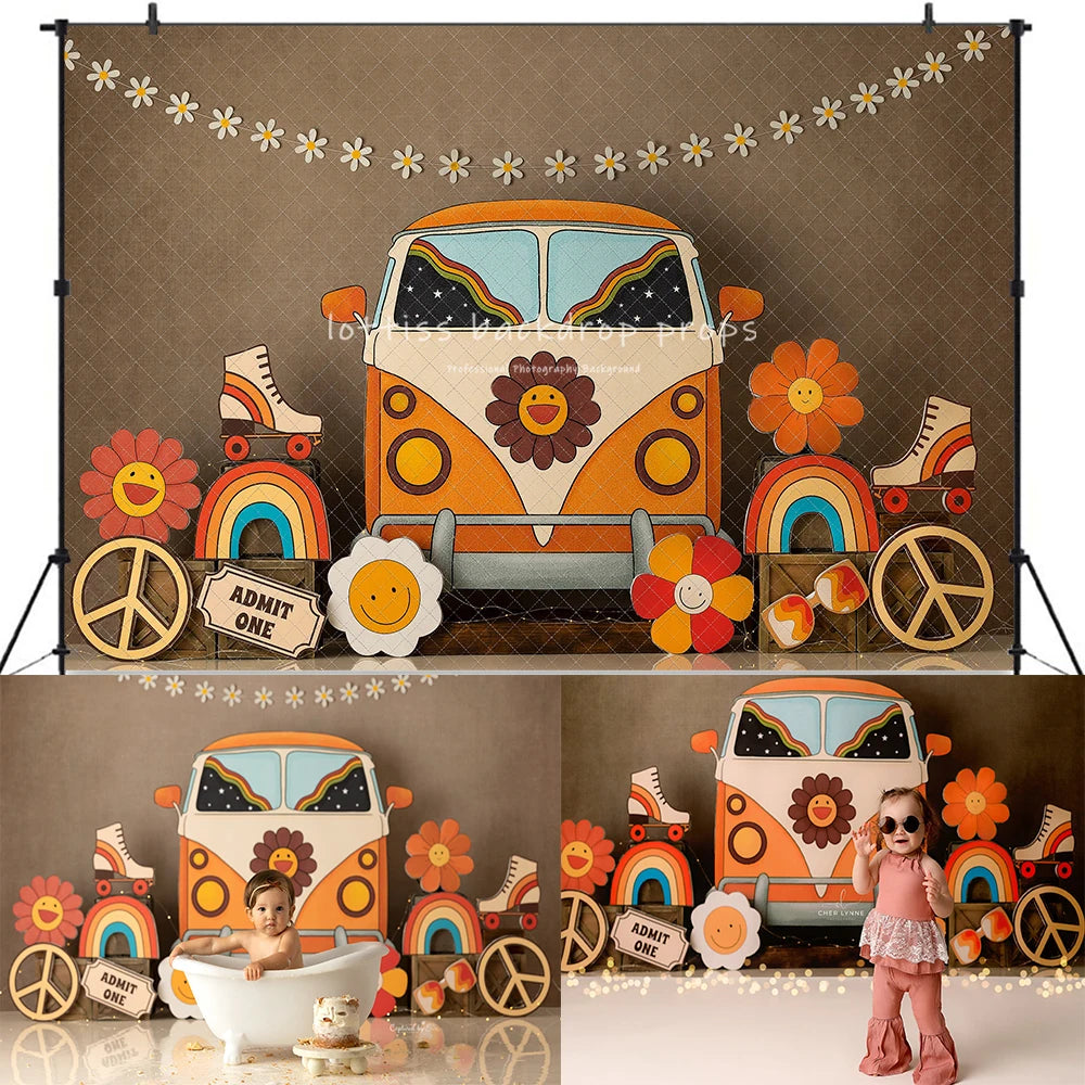 Groovy Baby Car Backdrops Kids Child Photocall Birthday Cake Smash Photogrpahy Props Floral Spring Bus Backgrounds