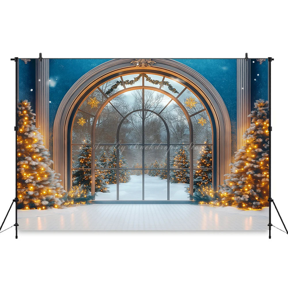 Frosted Arched Window With Christmas Trees Backdrop Red Curtains Blue Wall Baby Kids Portrait Family Party Photocall Backgrounds