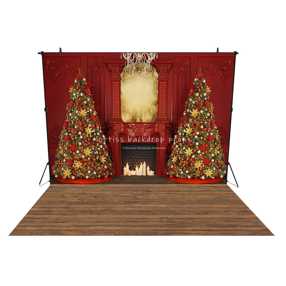 Red Gorgeous Xmas Fireplace Background Retro Wall Christmas Trees Gift Box Background Baby Girl Family Photostudio Props