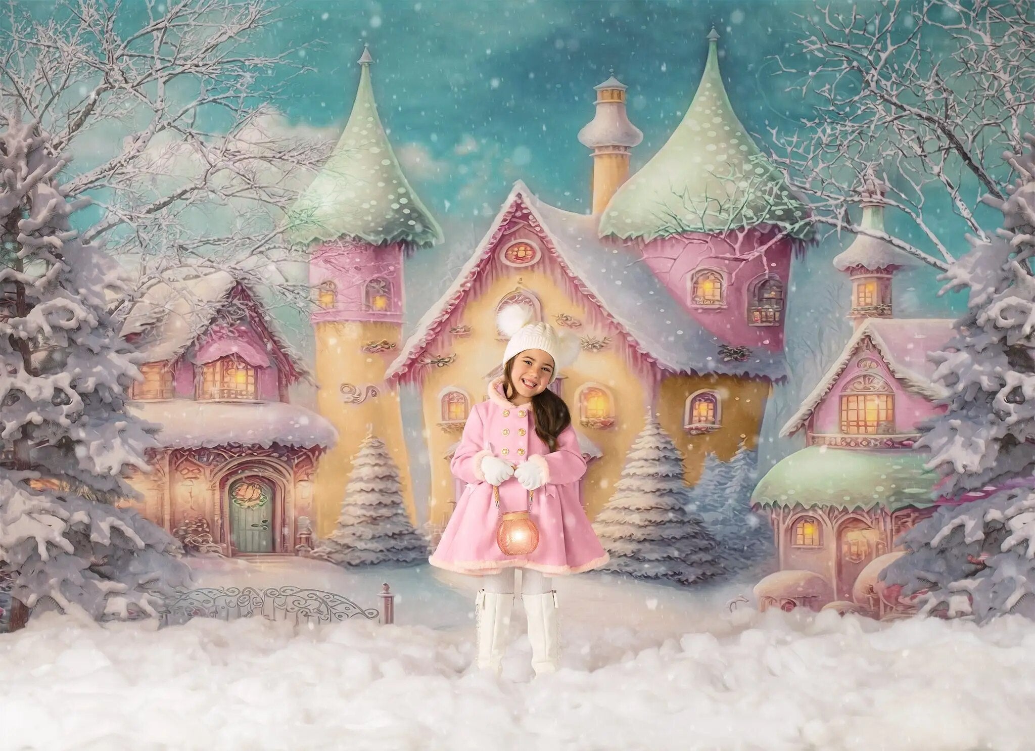 Colorful Snowy Village Backdops Kids Adult Photography Props Child Baby Xmas Photocall Winter Snowy Forest Background