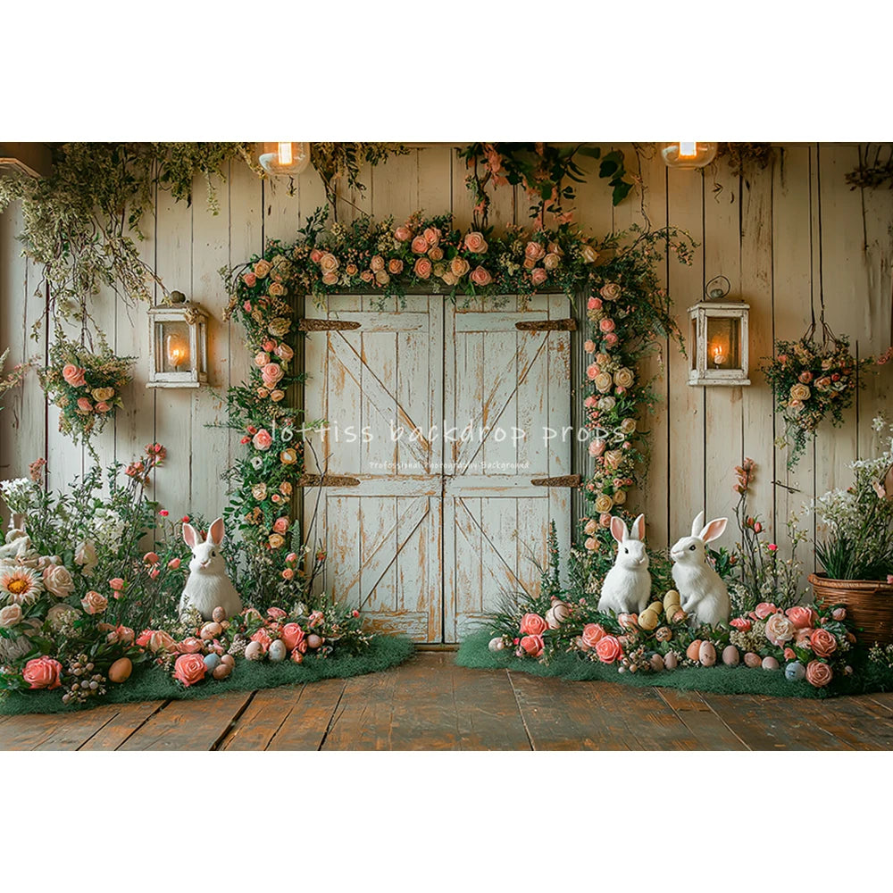 Easter Garden Bunnies Backdrops Kids Baby Birthday Cake Smash Photography Child Adult Photocall Wooden Cottage Floral Background