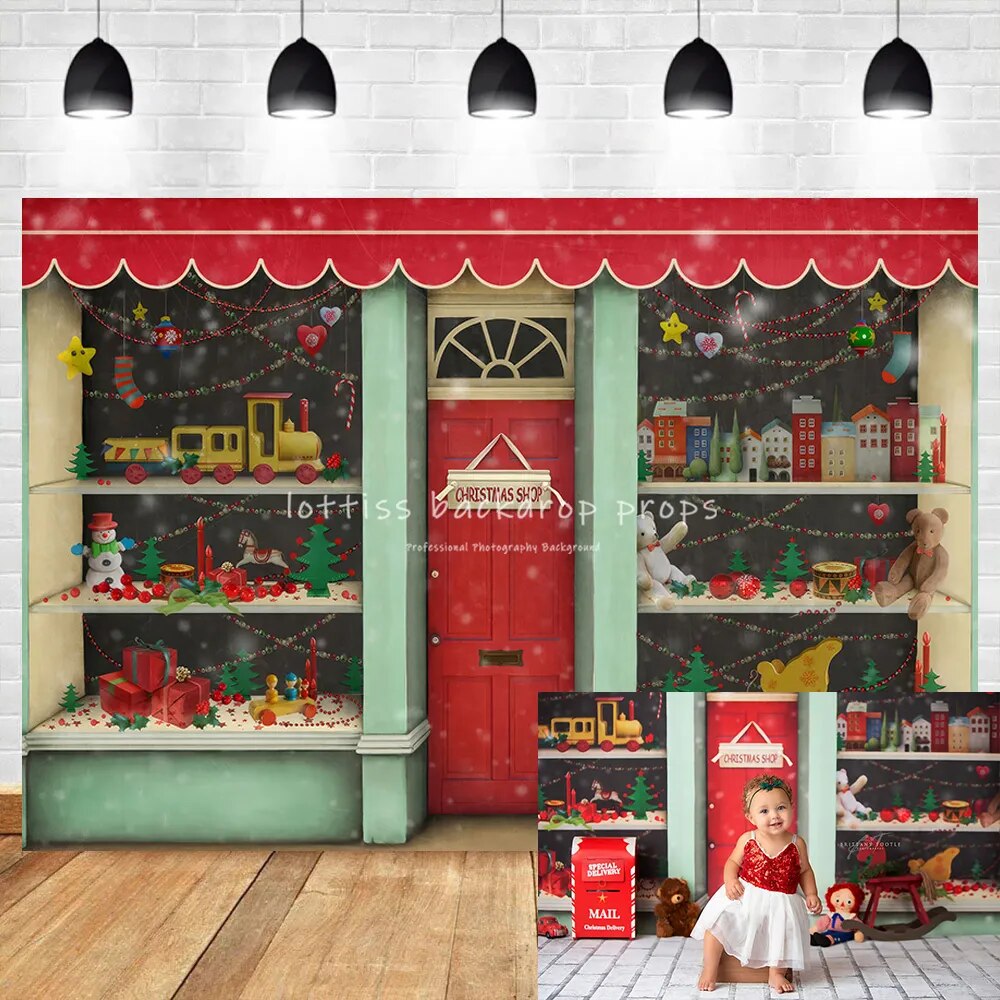 Arrière-plan de magasin de jouets de noël, arrière-plan de gâteau Smash pour adultes et enfants, accessoires de fête de famille d'hiver, flocon de neige, arrière-plan de magasin de bonbons 