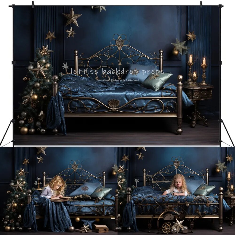 Arrière-plan de chambre à coucher étoile de noël, accessoires de photographie pour enfants et bébés, décors de séance photo pour enfants et adultes, arrière-plan de lit d'arbres de noël 