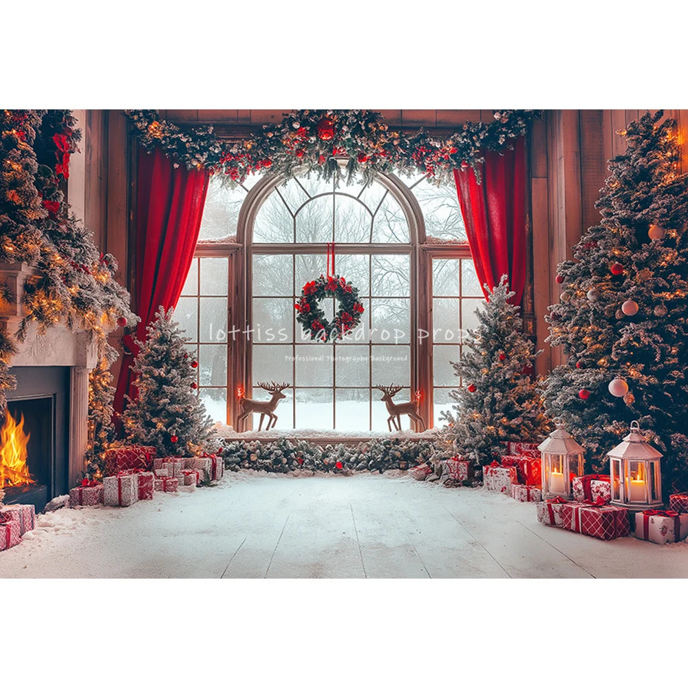 Christmas Windows Santa Fireplace Backdrops Kids Adult Child Baby Photocall Xmas Trees Living Room Red Curtains Backgrounds