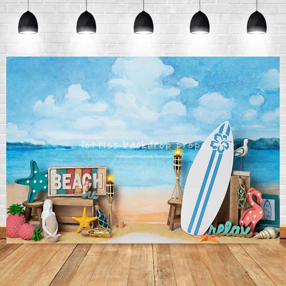 Beach Life Photography Backdrops Summer Adult Kids Cake Smash Photocall Props Surfboard Mermaid Flamingo Seaside Background