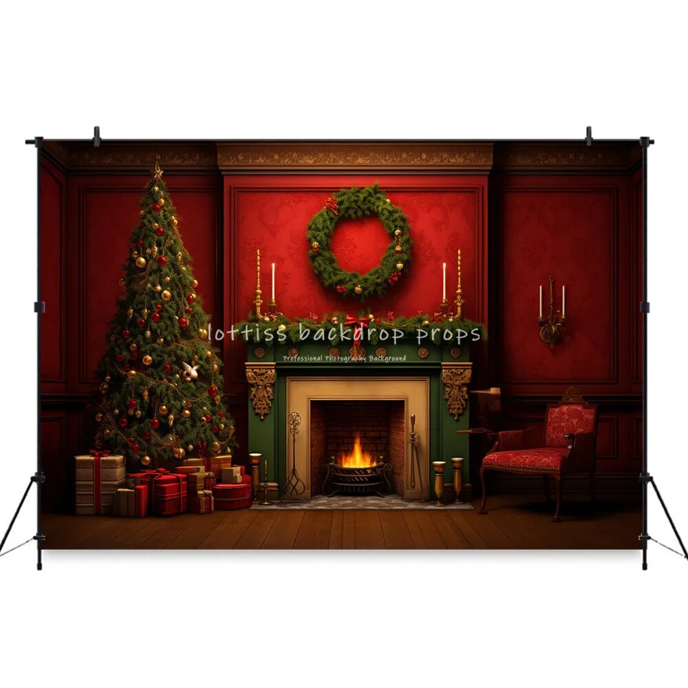 Retro Xmas Room With Fireplace Backdrop Child Baby Photography Props Adult Kids Photocall Decors Red Gifts Trees Background