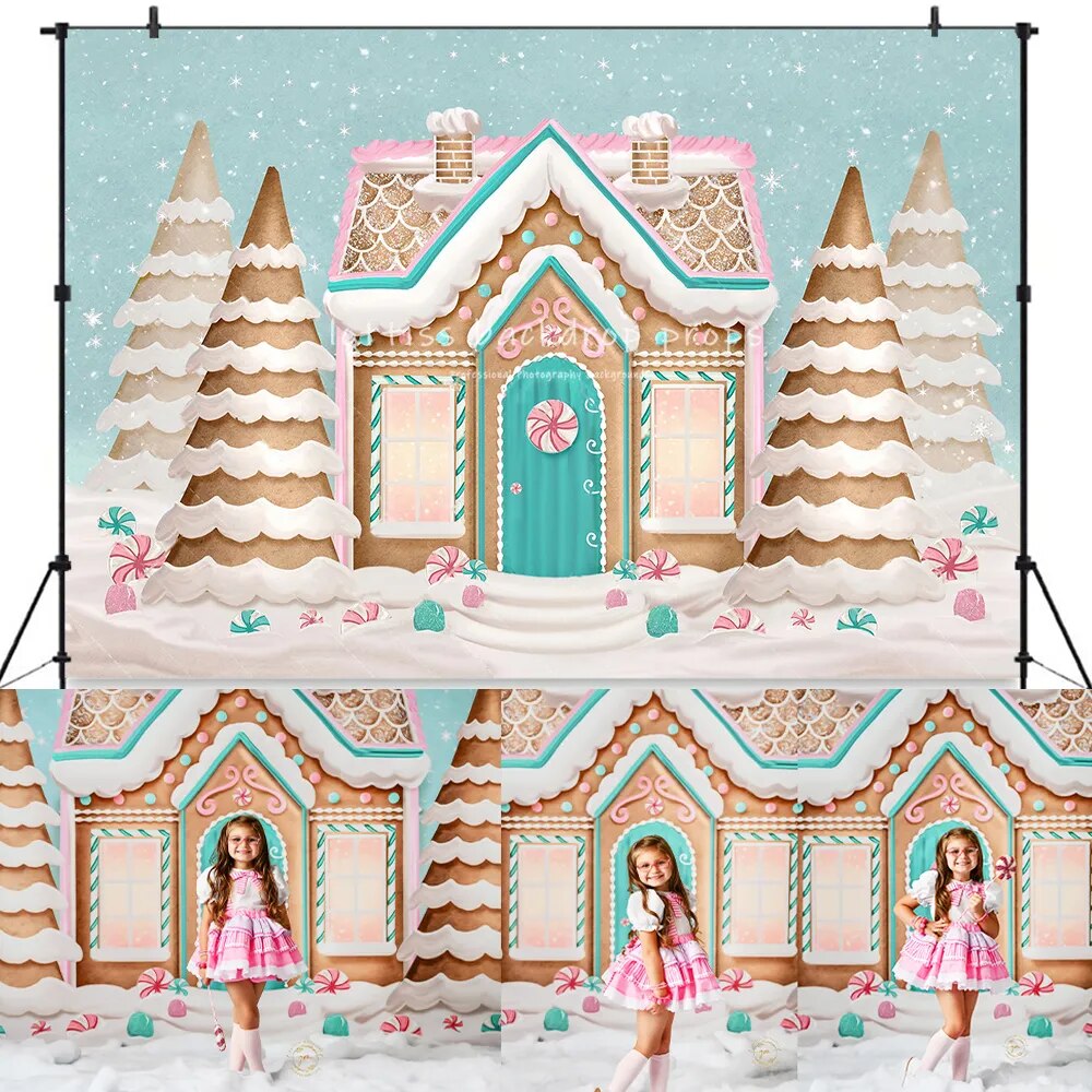 Arrière-plan de maison en pain d'épices à la menthe poivrée rose, arrière-plan de photographie pour enfants et adultes, accessoires de séance photo pour enfants et bébés, arrière-plan de noël d'hiver 