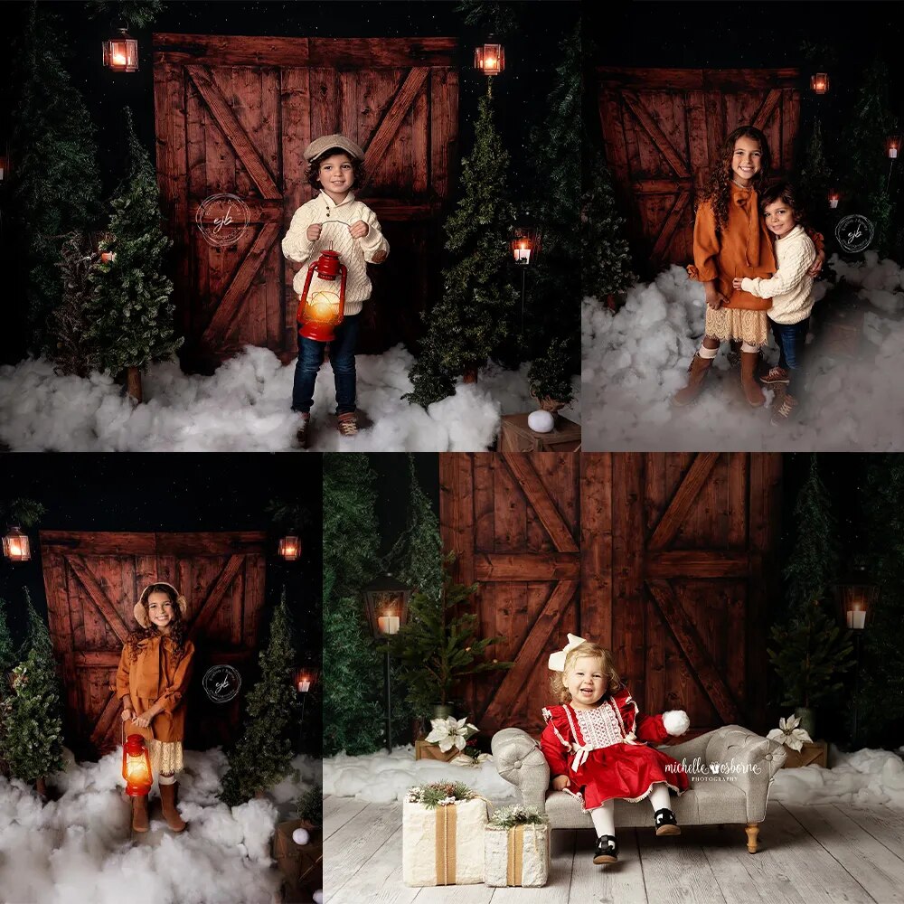 Soirée enneigée hiver porte de grange arrière-plan enfants photographie enfant bébé Photocall accessoires noël bois neige forêt fond 