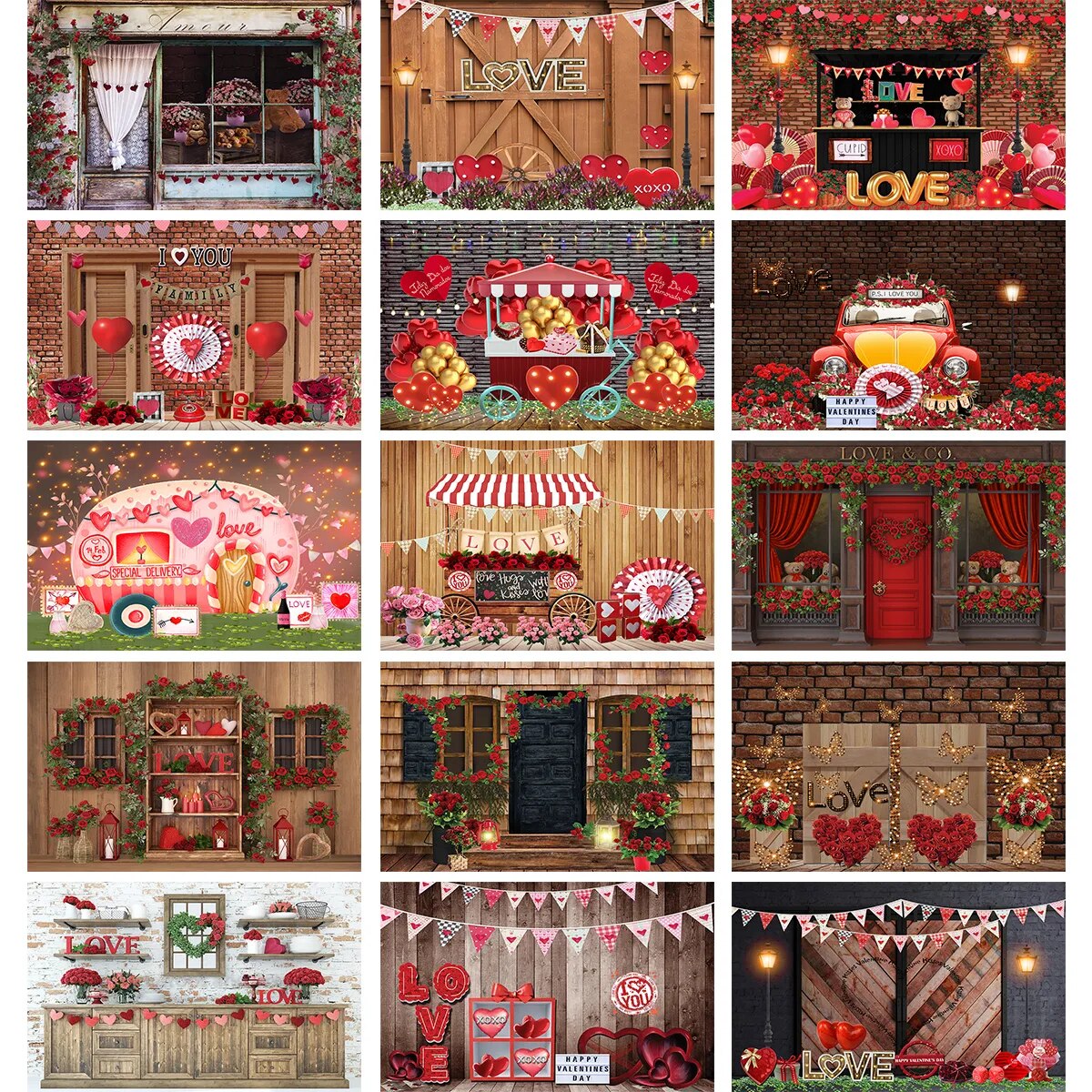 Valentines' Day Backdrop Display Window Floral Shop Carts Brick Wall Deco Marriage Kids Family Portrait Rose Props Background