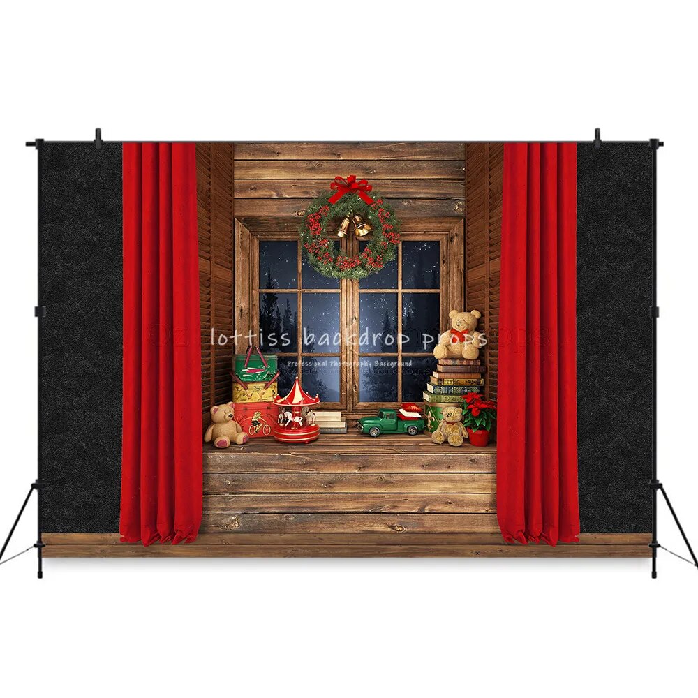 Old Wooden Wall Christmas Wreath Toy Bear Baby Photo Background Photography Backdrop Girl Family Baby Photocall Photo Studio