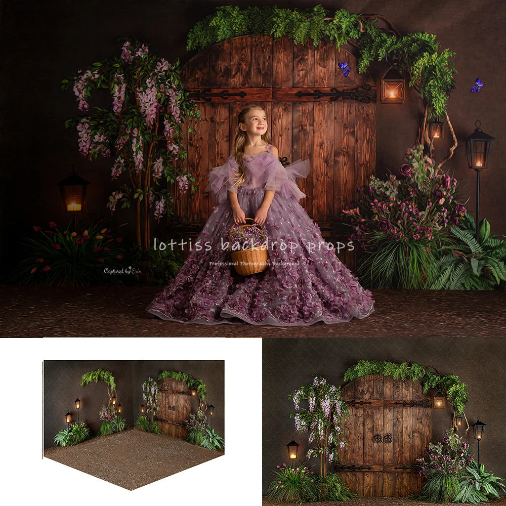 Garden Wooden Door Backdrops Kids Girl Photography Child Adult Birthday Cake Smash Photocall Decors Floral Arch Backgrounds