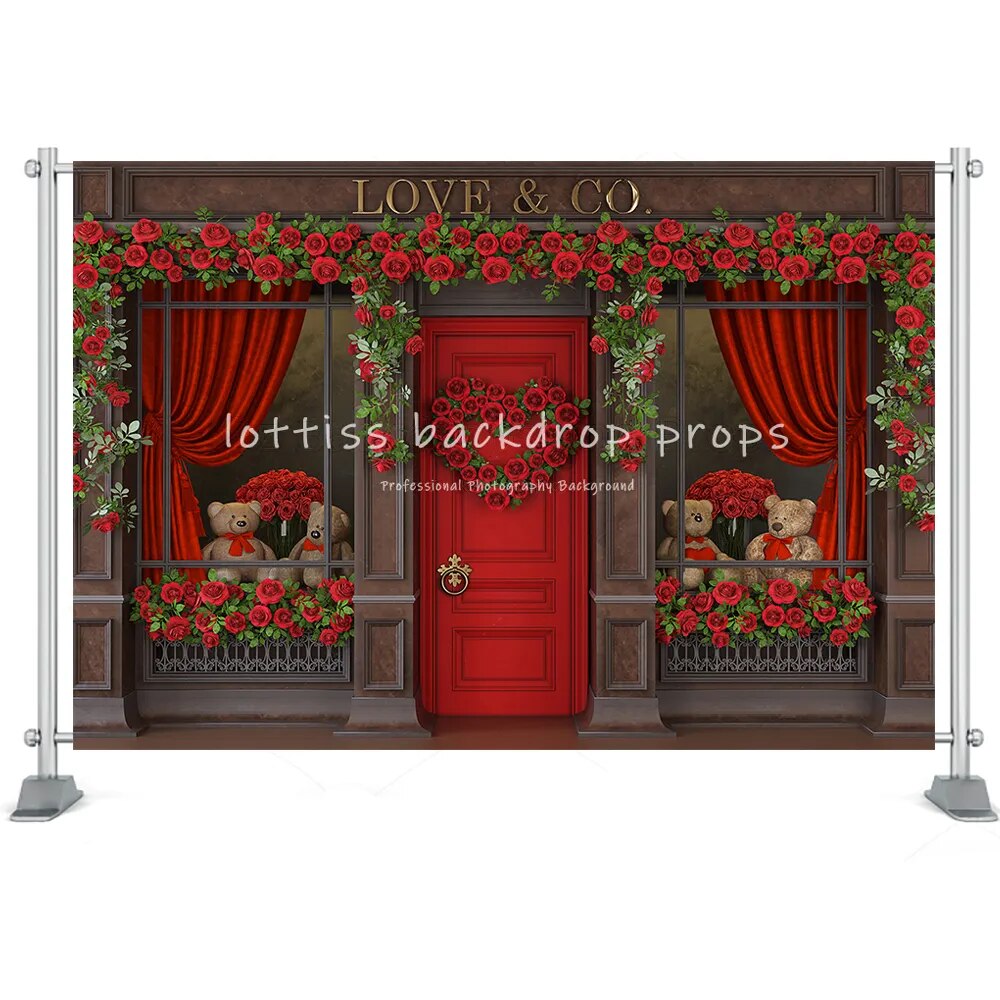 Valentines' Day Backdrop Display Window Floral Shop Carts Brick Wall Deco Marriage Kids Family Portrait Rose Props Background