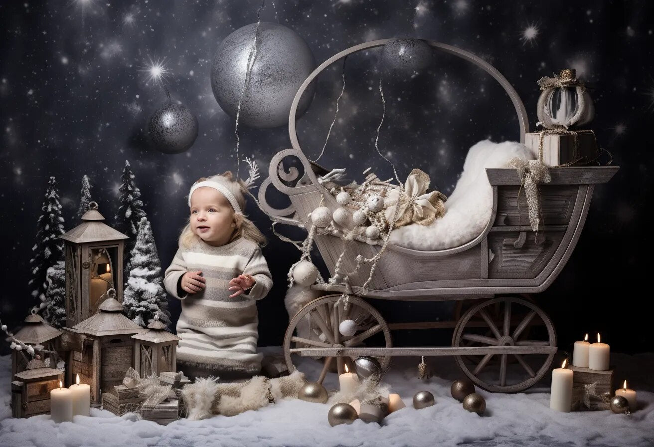 Arrière-plan de forêt enneigée de noël, accessoires de photographie pour enfants et bébés, pour séance photo, flocon de neige, arrière-plan de chariot de noël 