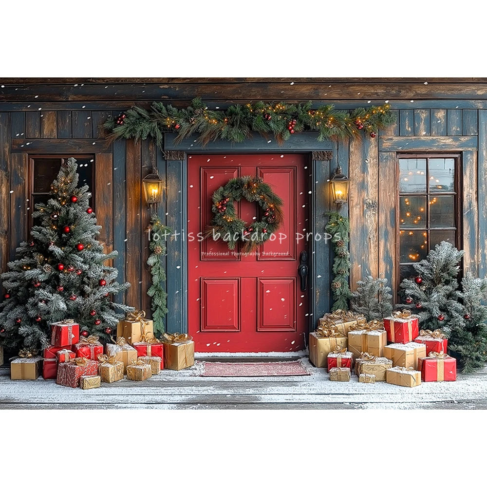 Winter Christmas Cottage Backdrops Kids Adult Photography Country House Entrance Red Door Gift Box Xmas Trees Backgrounds