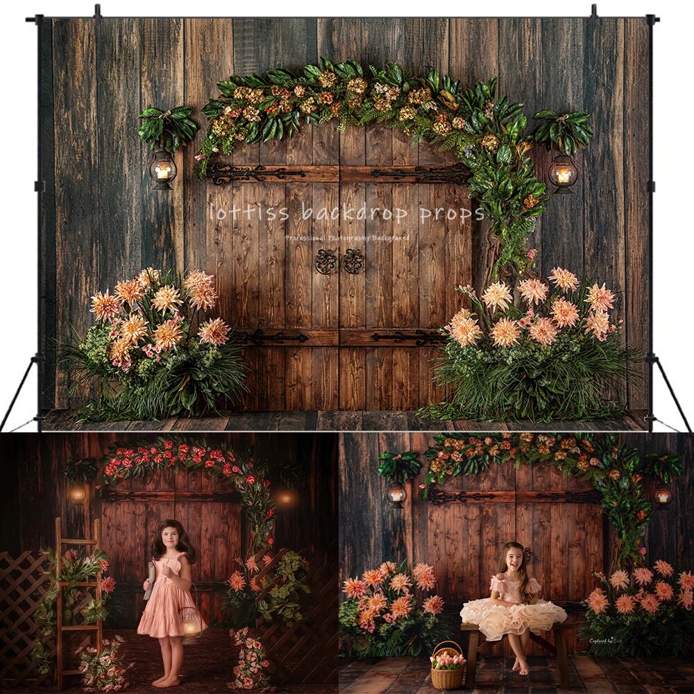 Gate to the Rose Gardens Backdrops Kids Baby Photography Props Child Adult Photocall Spring Floral Retro Wooden Door Background